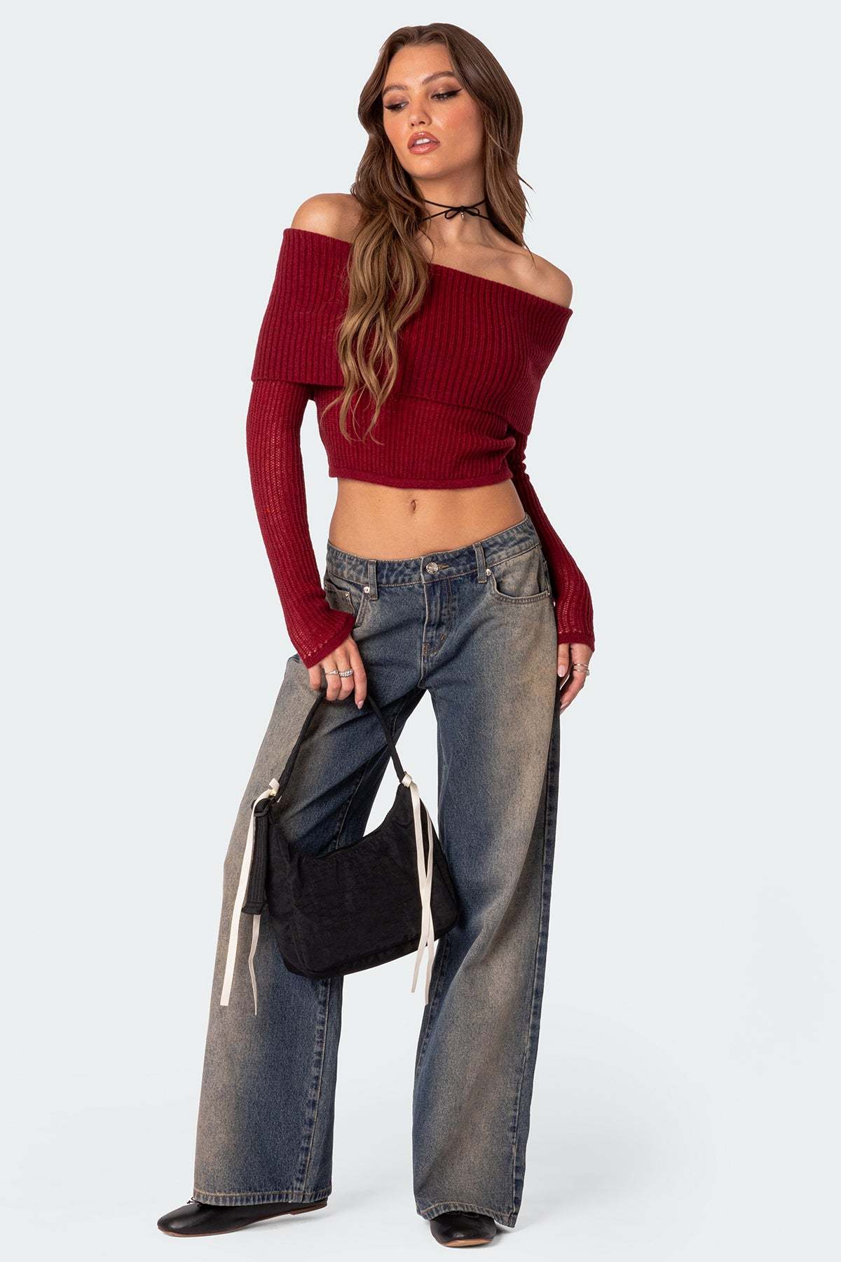 Lili fold over knit top - RED