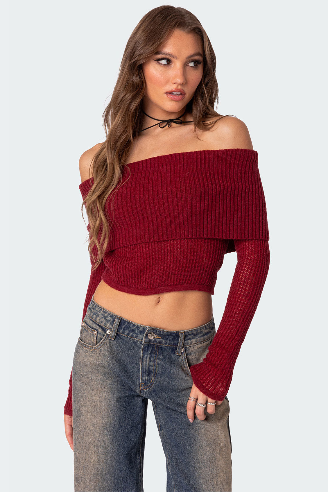 Lili fold over knit top - RED