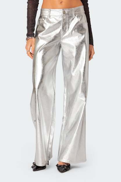 Kim Metallic Faux Leather Pants - SILVER