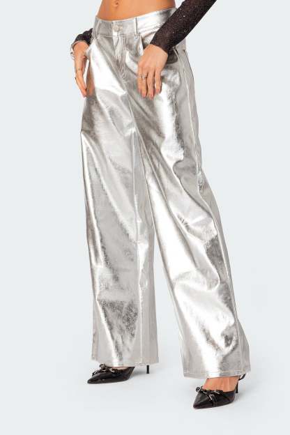 Kim Metallic Faux Leather Pants - SILVER