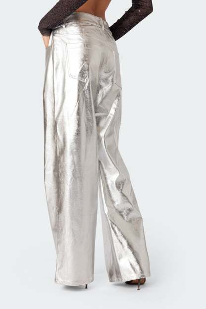 Kim Metallic Faux Leather Pants - SILVER