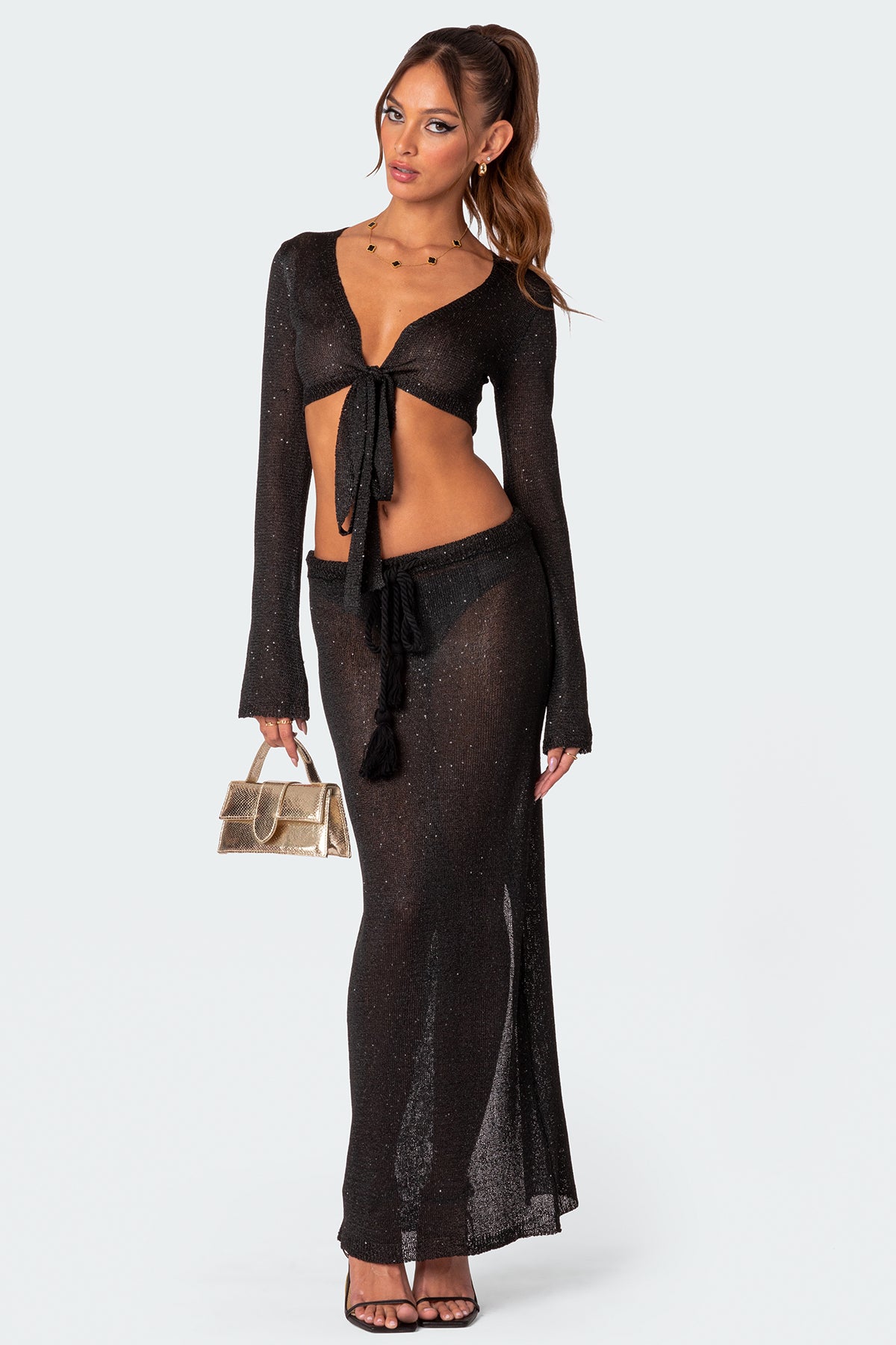Micro Sequin Tie Front Knit Crop Top - BLACK