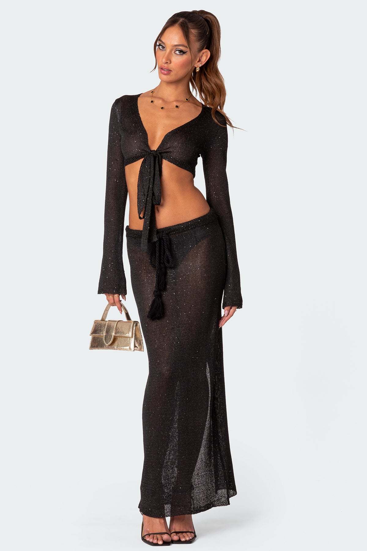 Micro Sequin Tie Front Knit Crop Top - BLACK