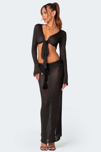 Micro Sequin Tie Front Knit Crop Top - BLACK