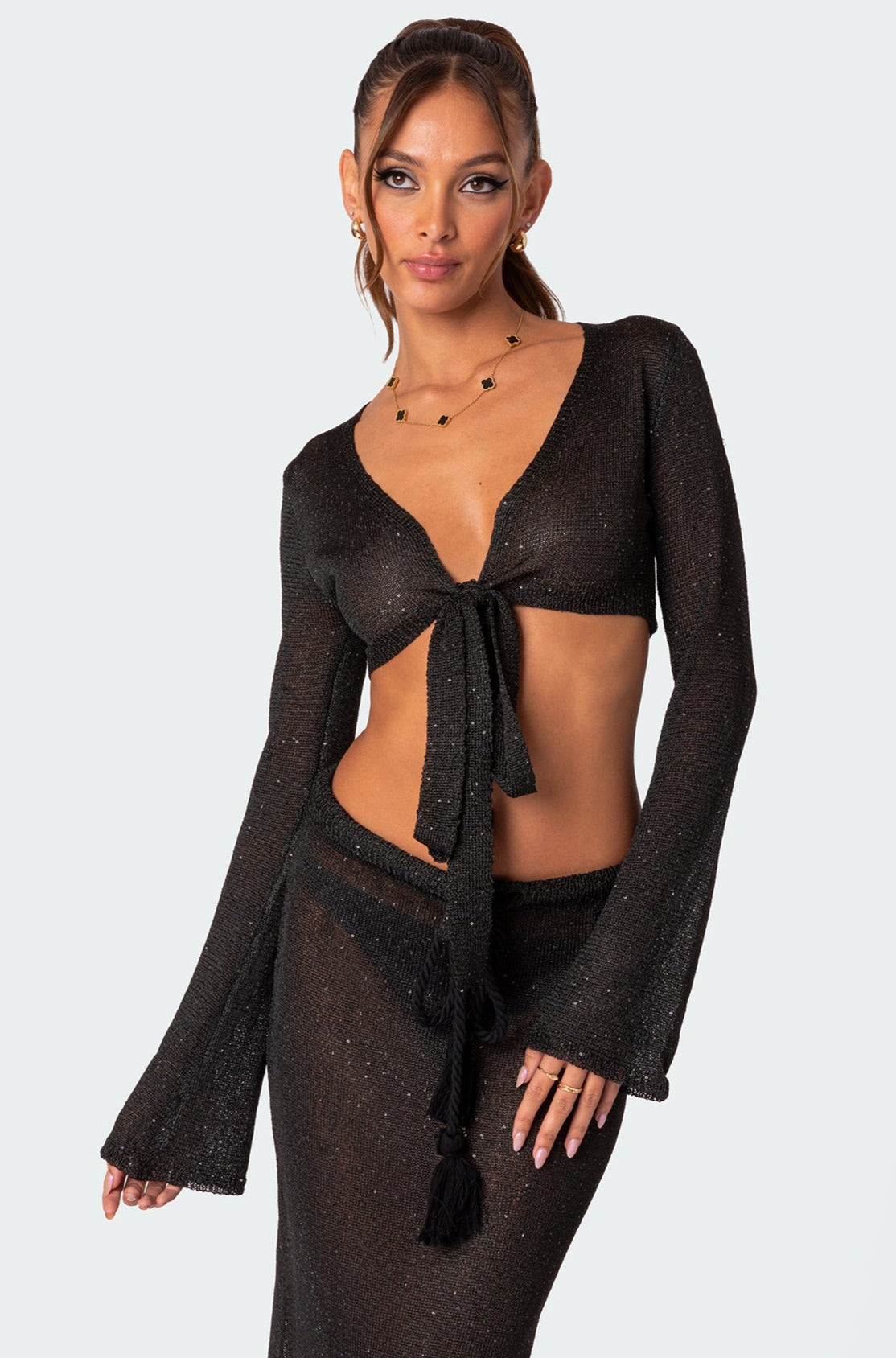 Micro Sequin Tie Front Knit Crop Top - BLACK
