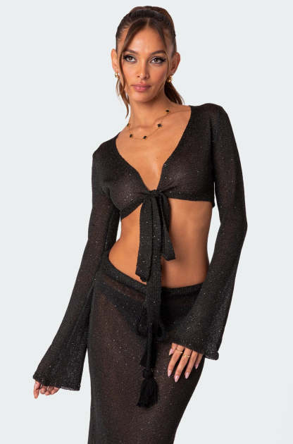 Micro Sequin Tie Front Knit Crop Top - BLACK