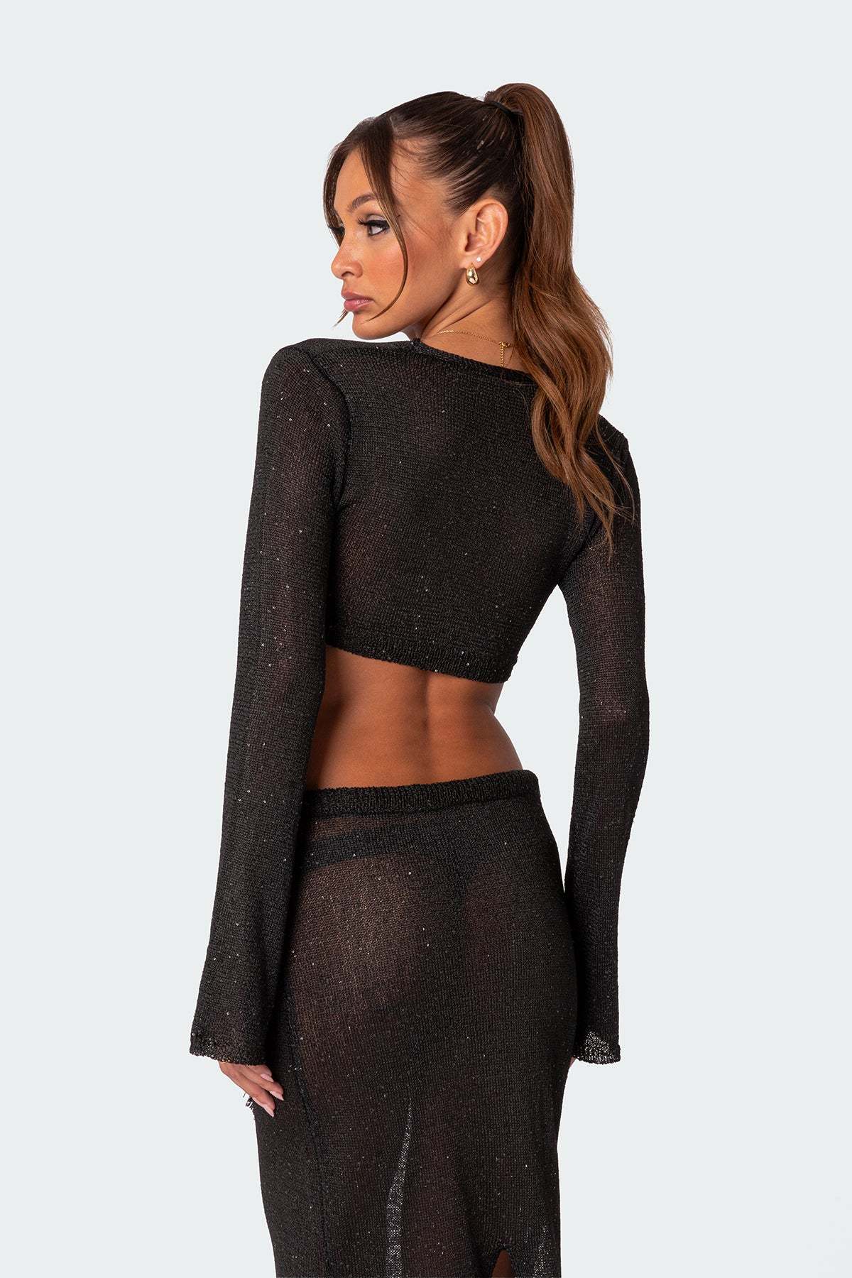Micro Sequin Tie Front Knit Crop Top - BLACK