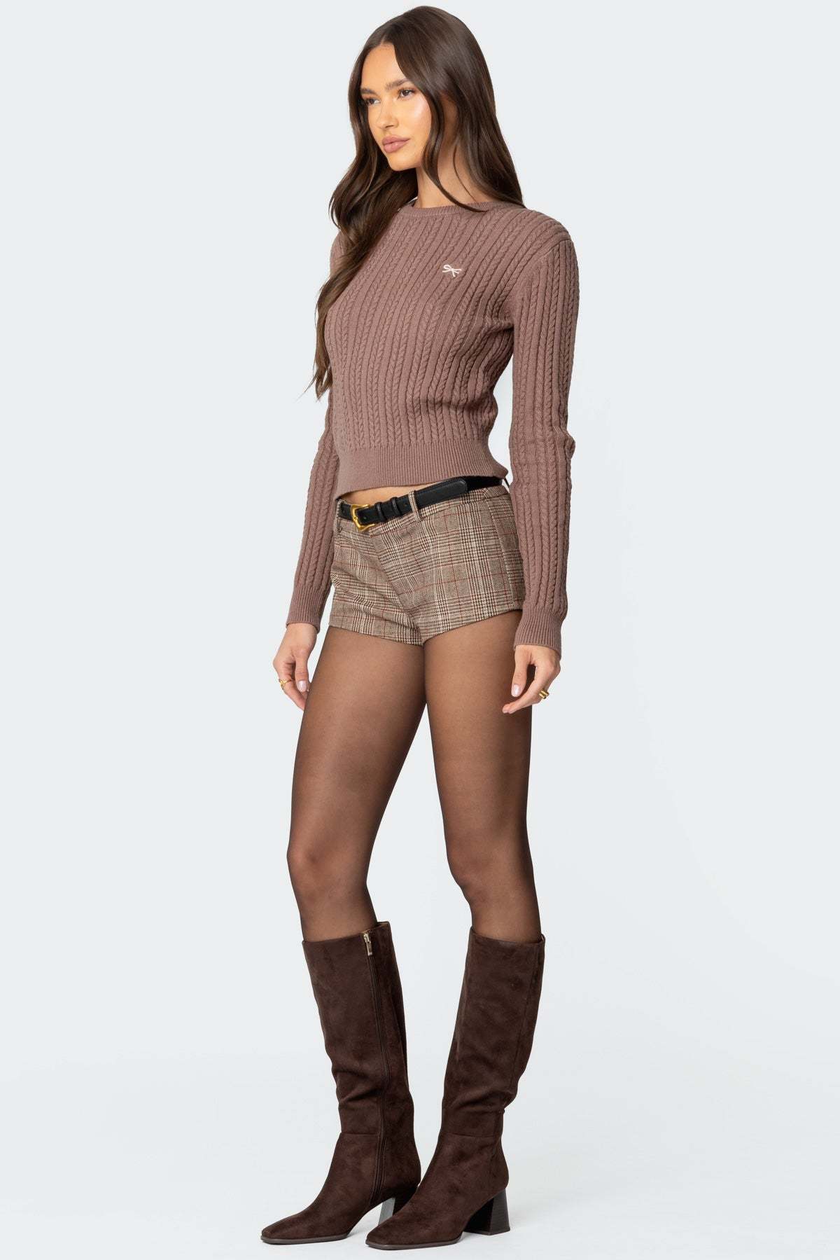 Beverly Bow Cable Knit Sweater - BROWN