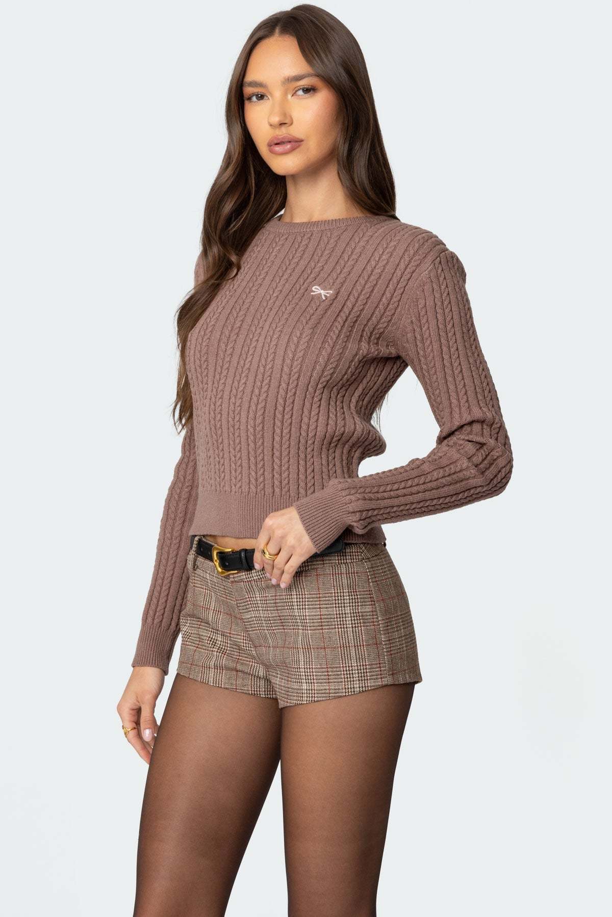 Beverly Bow Cable Knit Sweater - BROWN