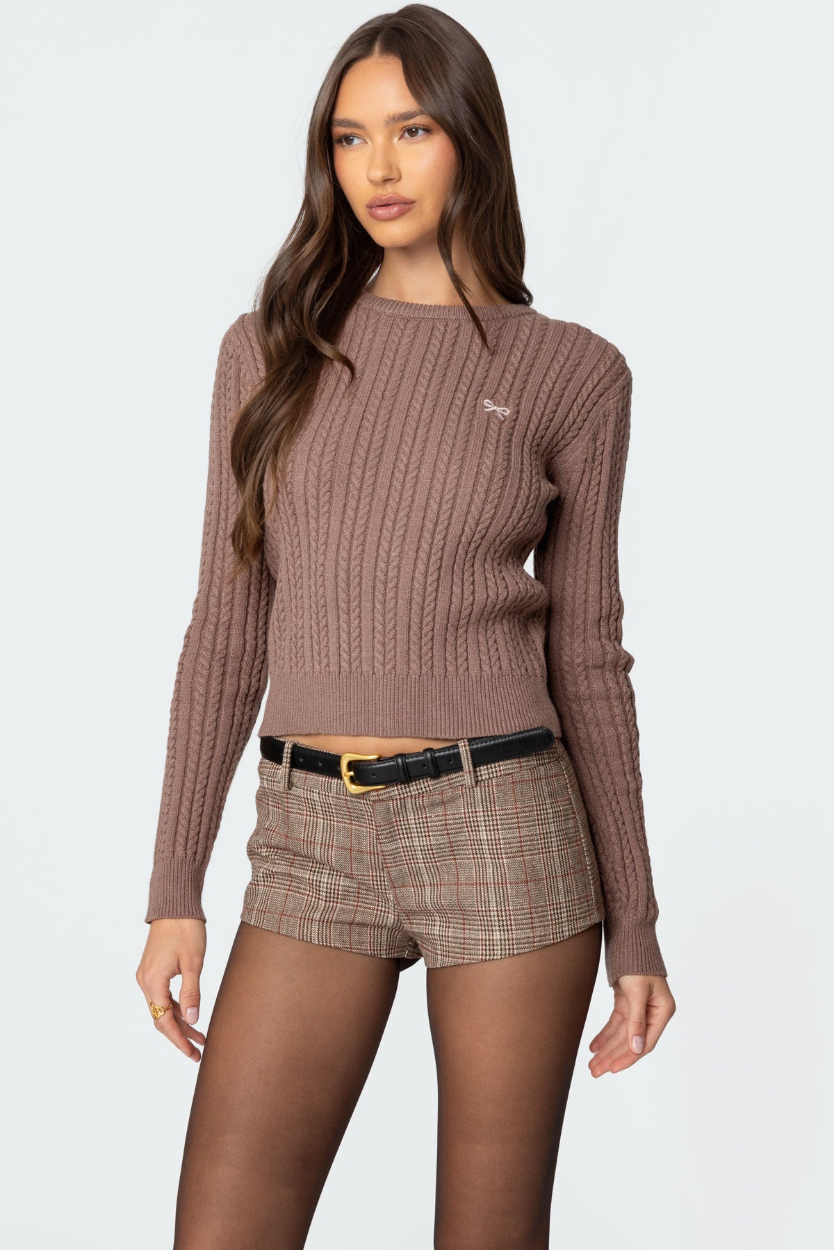 Beverly Bow Cable Knit Sweater - BROWN