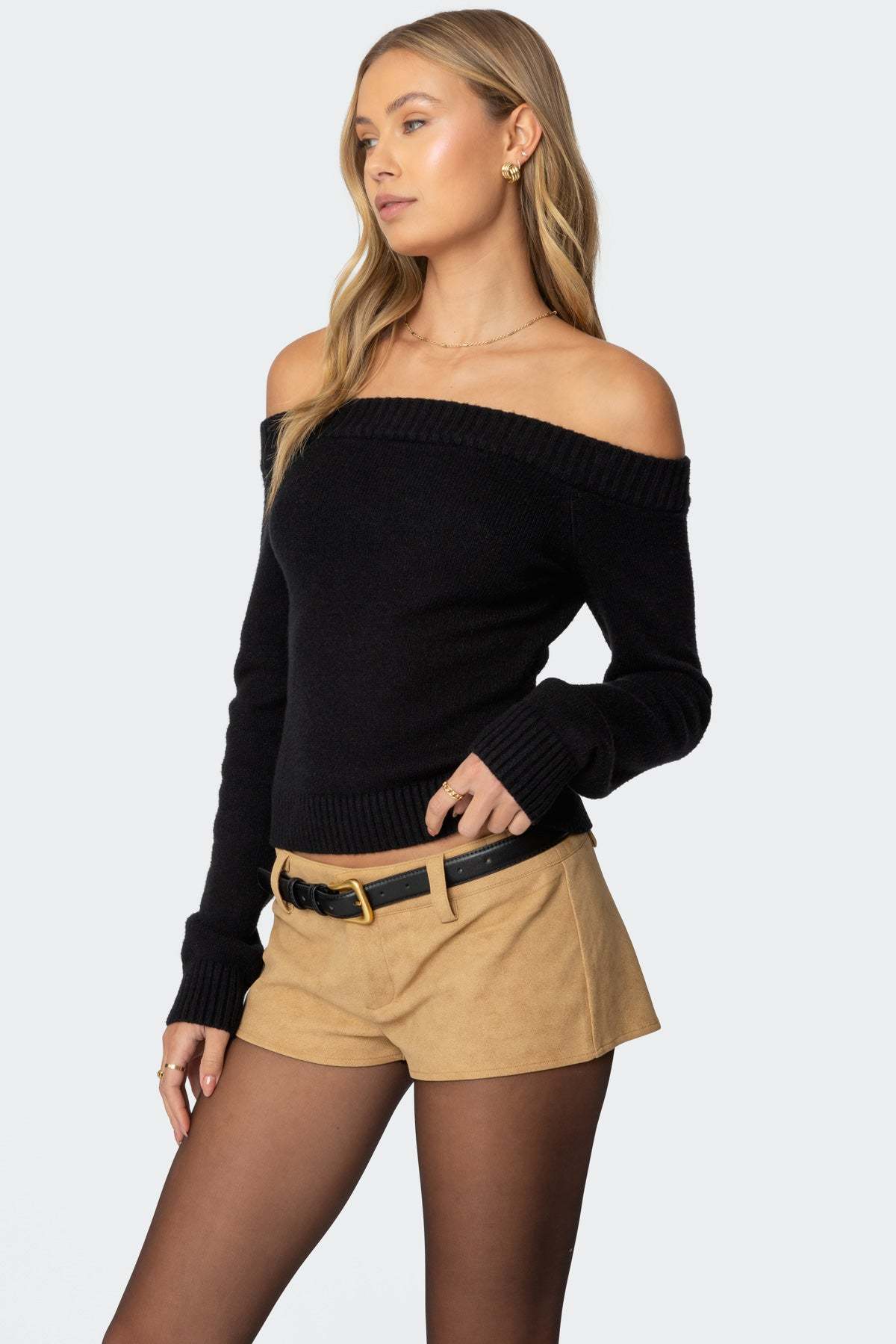 Elona Off Shoulder Knit Top - BLACK