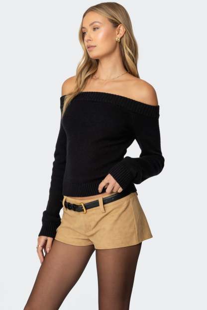 Elona Off Shoulder Knit Top - BLACK