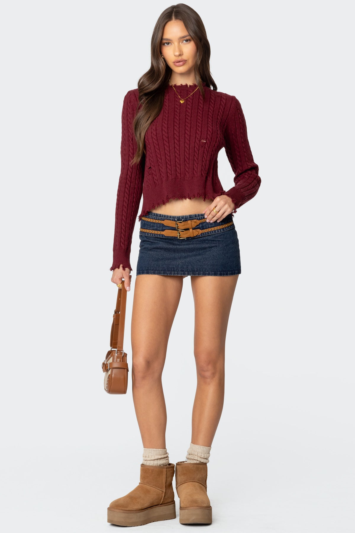 Split Open Back Cable Knit Sweater - BURGUNDY