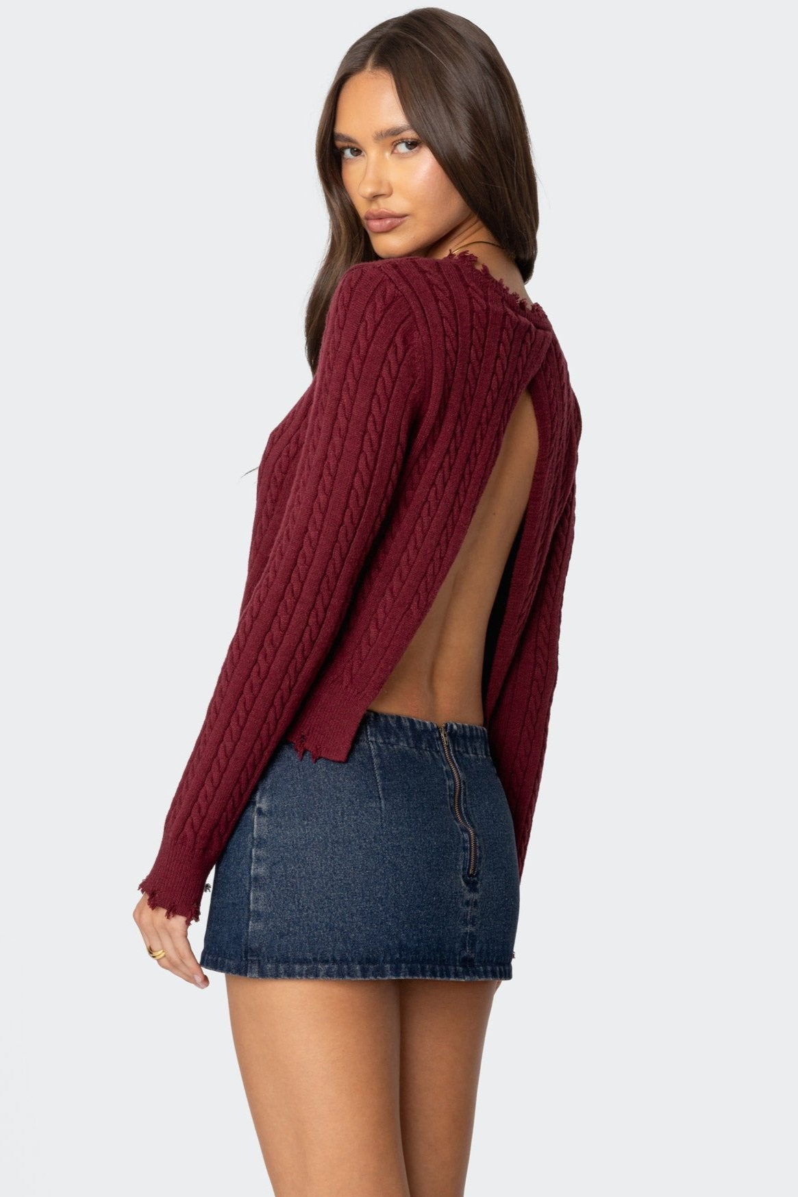 Split Open Back Cable Knit Sweater - BURGUNDY