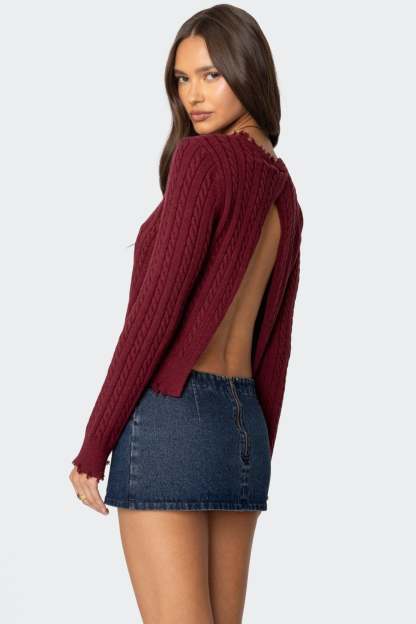 Split Open Back Cable Knit Sweater - BURGUNDY