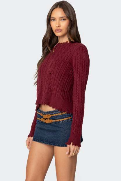 Split Open Back Cable Knit Sweater - BURGUNDY