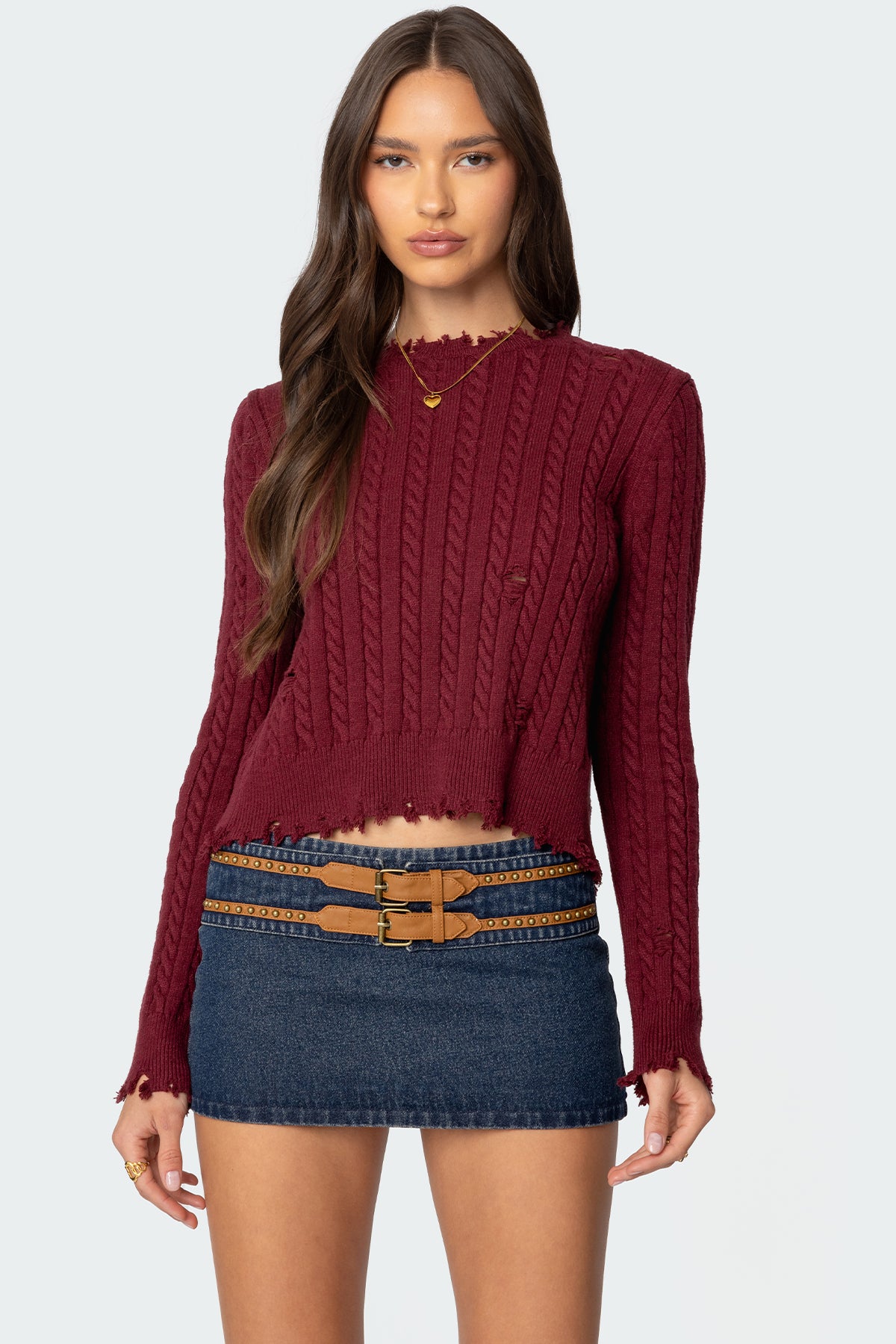 Split Open Back Cable Knit Sweater - BURGUNDY