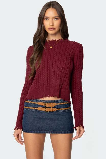 Split Open Back Cable Knit Sweater - BURGUNDY