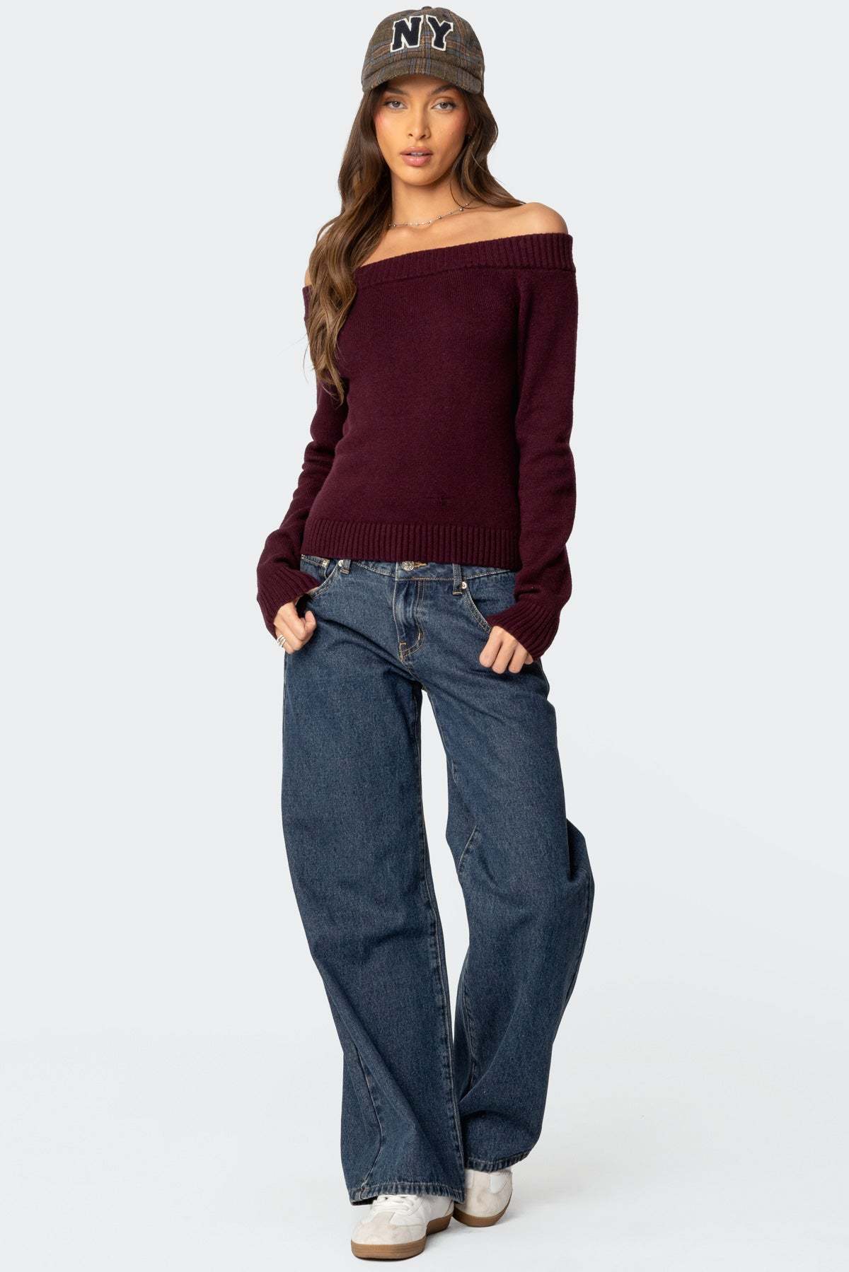 Elona Off Shoulder Knit Top - BURGUNDY