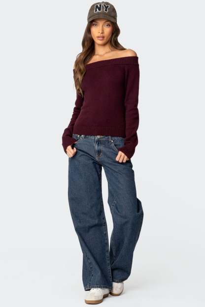 Elona Off Shoulder Knit Top - BURGUNDY