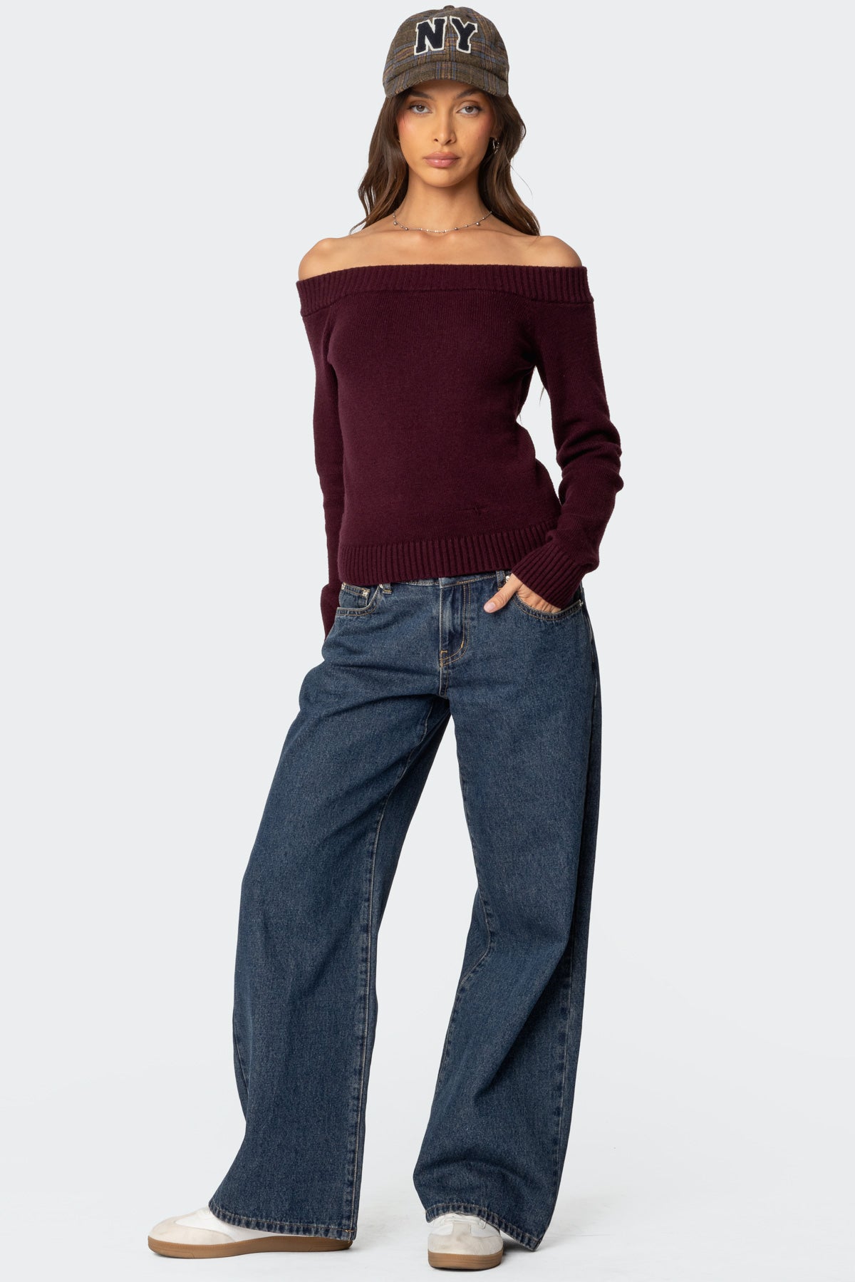 Elona Off Shoulder Knit Top - BURGUNDY