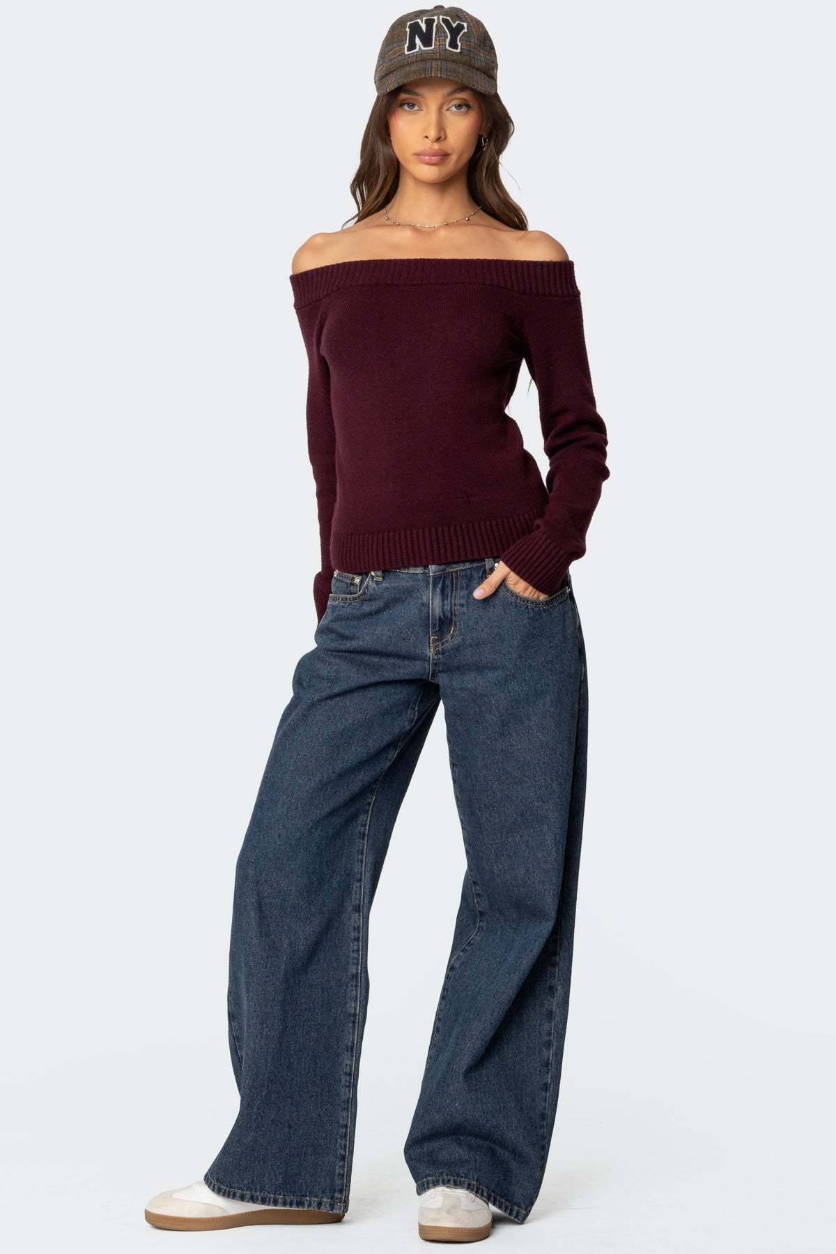 Elona Off Shoulder Knit Top - BURGUNDY