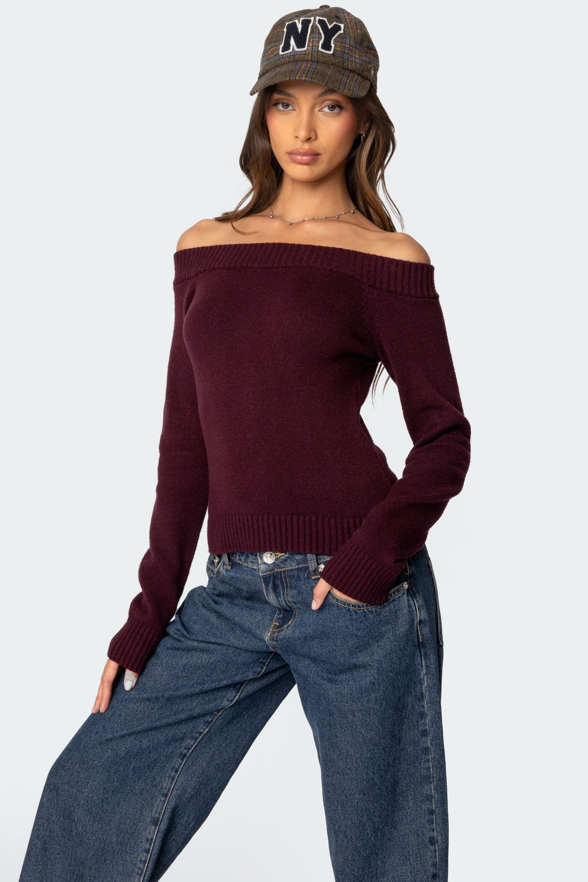 Elona Off Shoulder Knit Top - BURGUNDY