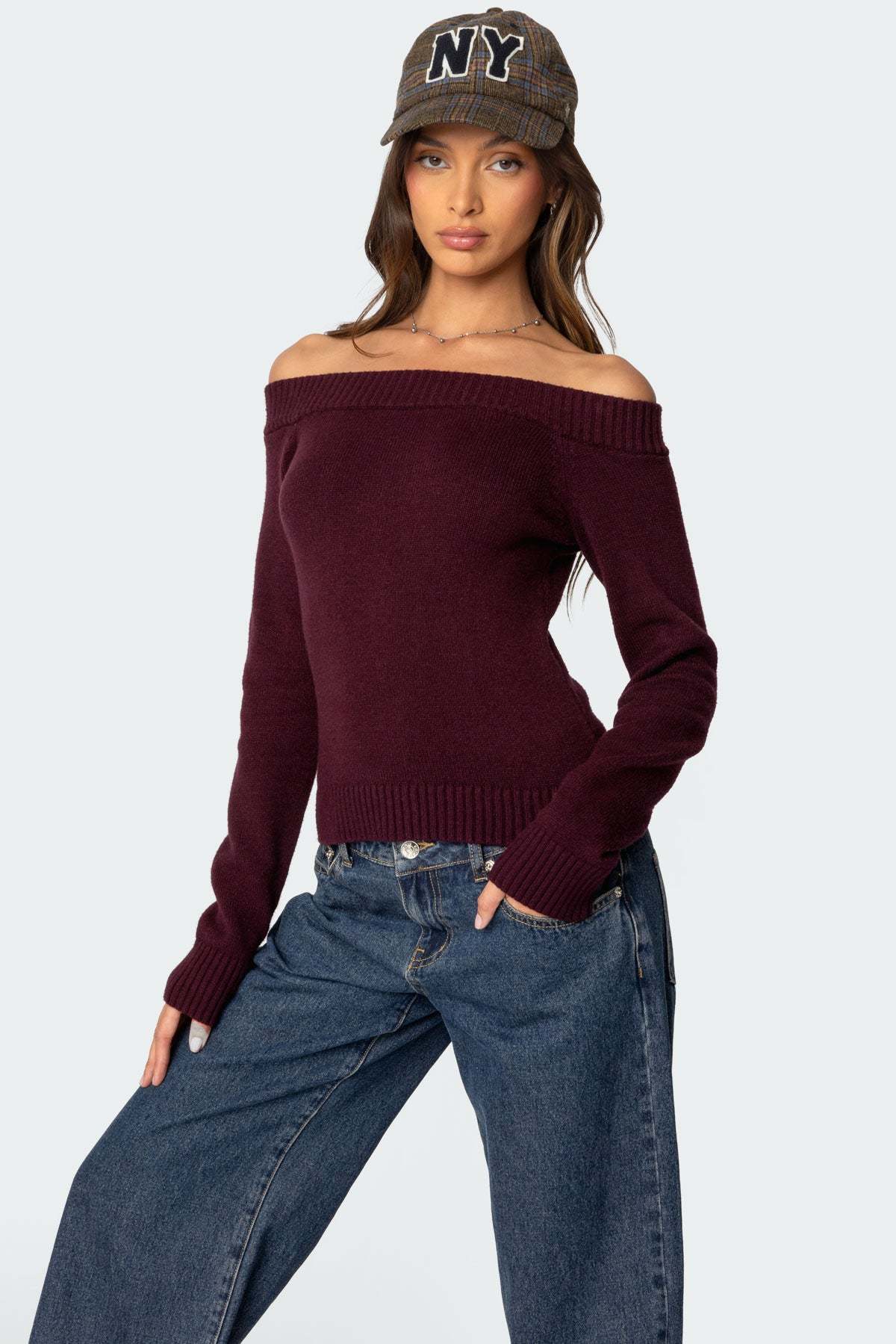 Elona Off Shoulder Knit Top - BURGUNDY