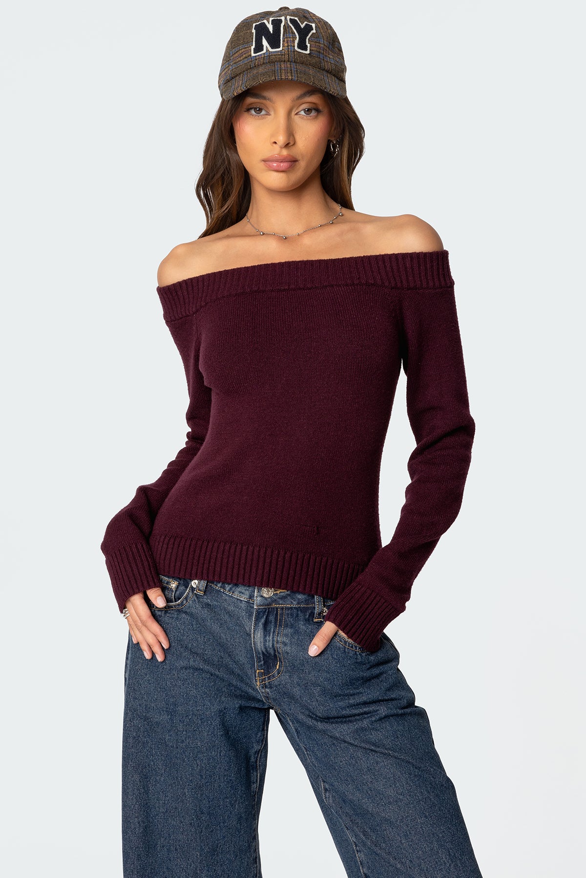 Elona Off Shoulder Knit Top - BURGUNDY