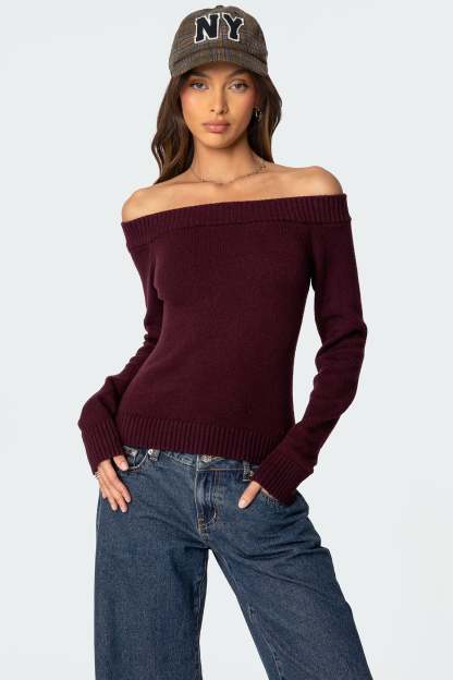 Elona Off Shoulder Knit Top - BURGUNDY