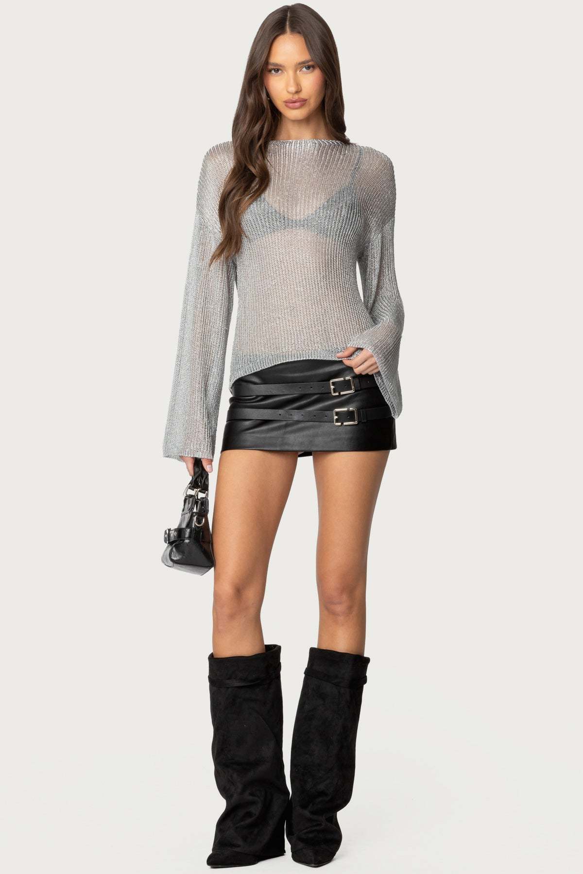 Drop Shoulder Sheer Knit Sweater - SILVER
