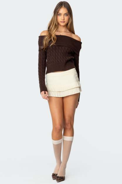Glenn Fold Over Cable Knit Sweater - BROWN