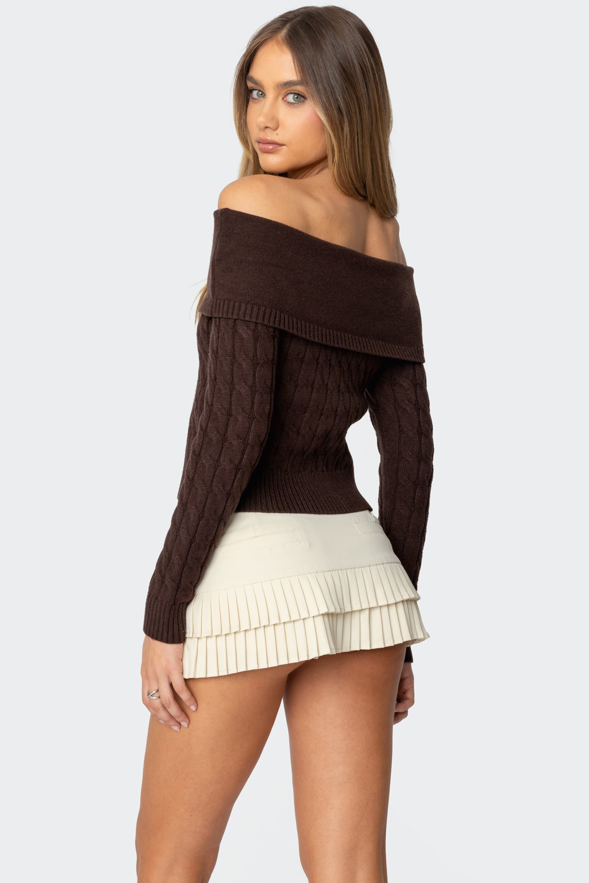 Glenn Fold Over Cable Knit Sweater - BROWN