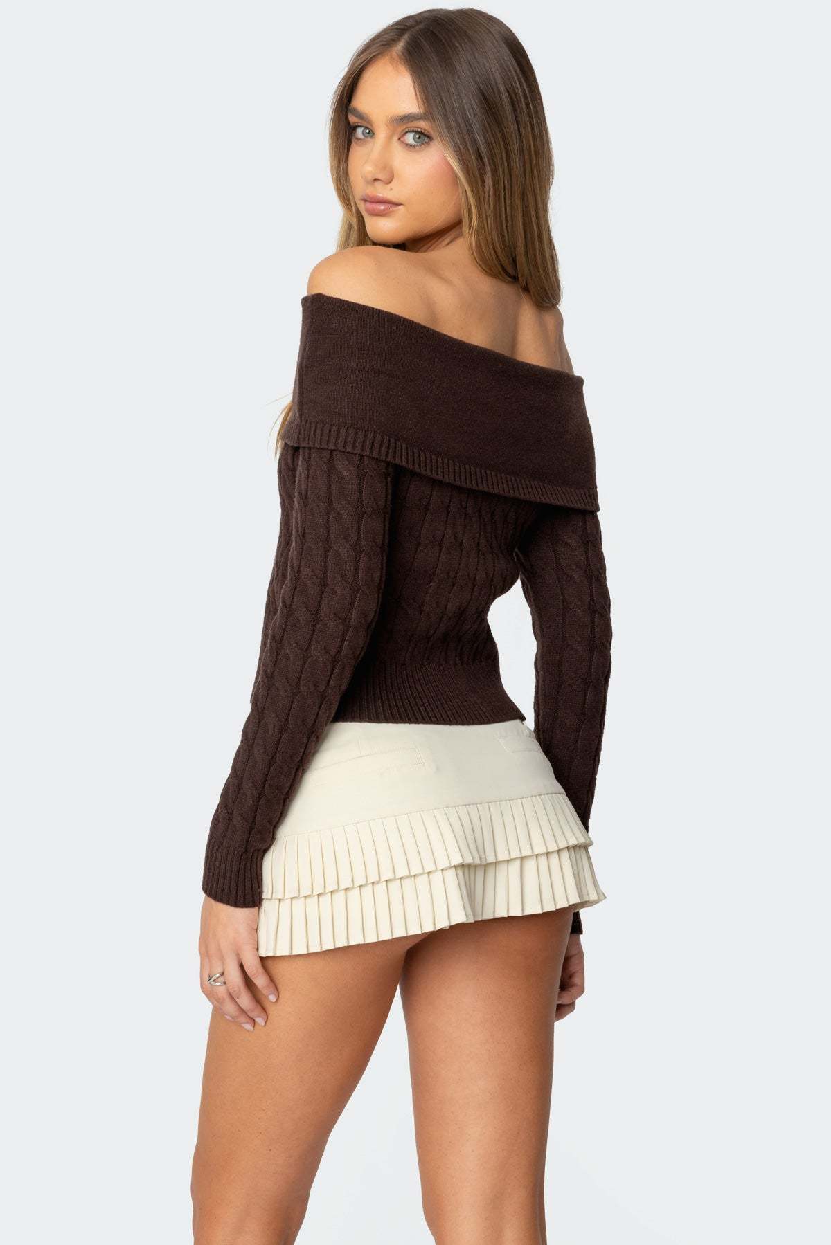 Glenn Fold Over Cable Knit Sweater - BROWN