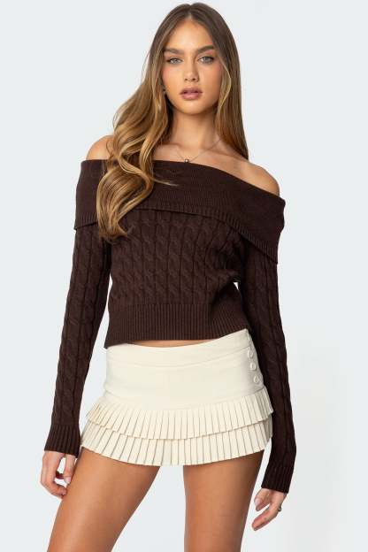 Glenn Fold Over Cable Knit Sweater - BROWN