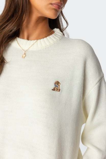 Puppy Love Embroidered Sweater - WHITE
