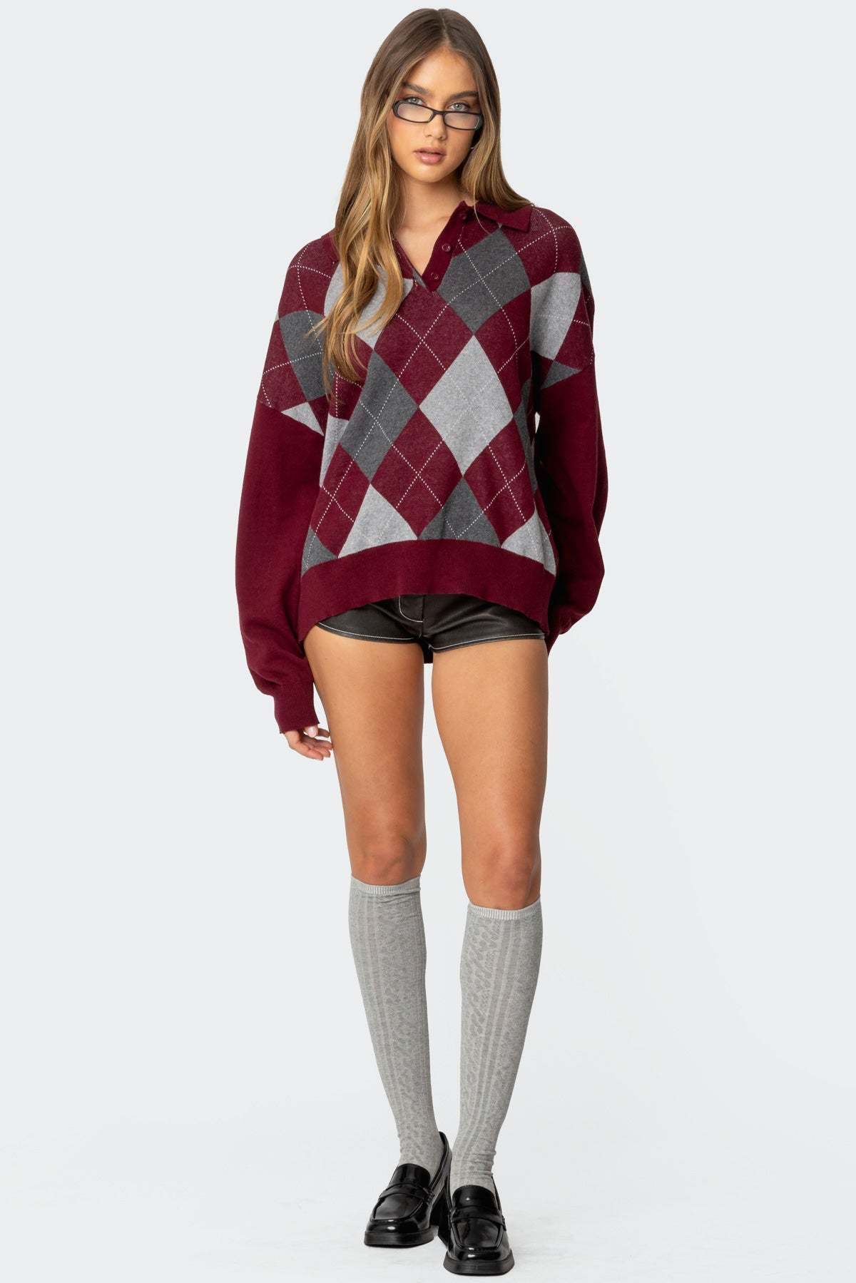 Argyle Oversized Polo Sweater - BURGUNDY