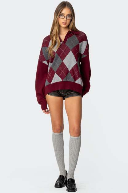 Argyle Oversized Polo Sweater - BURGUNDY