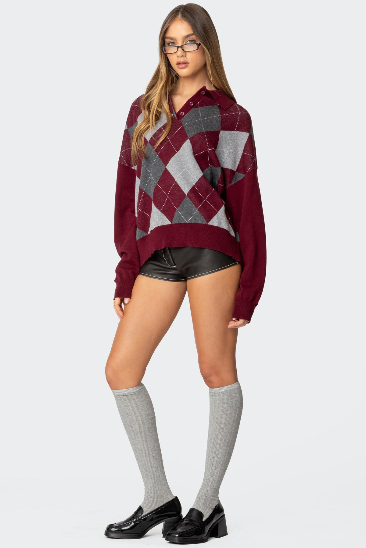 Argyle Oversized Polo Sweater - BURGUNDY