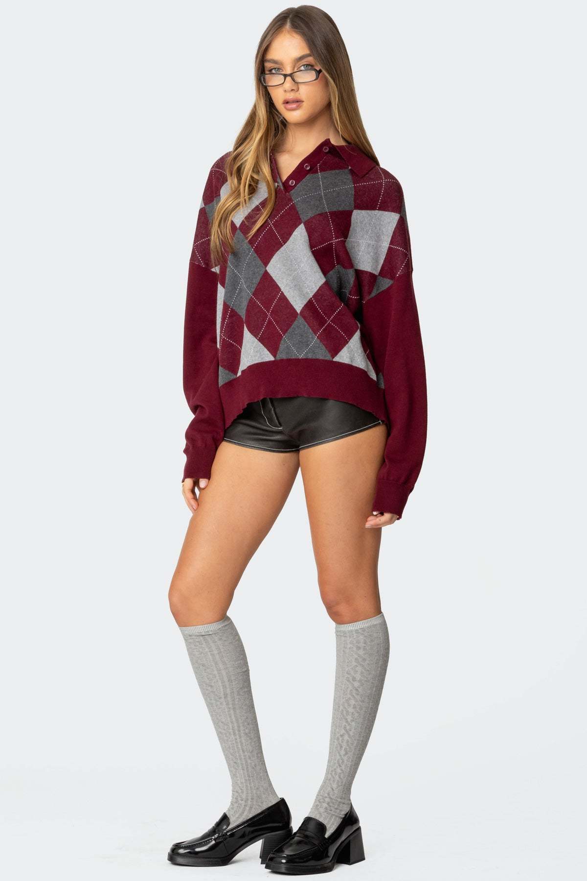 Argyle Oversized Polo Sweater - BURGUNDY