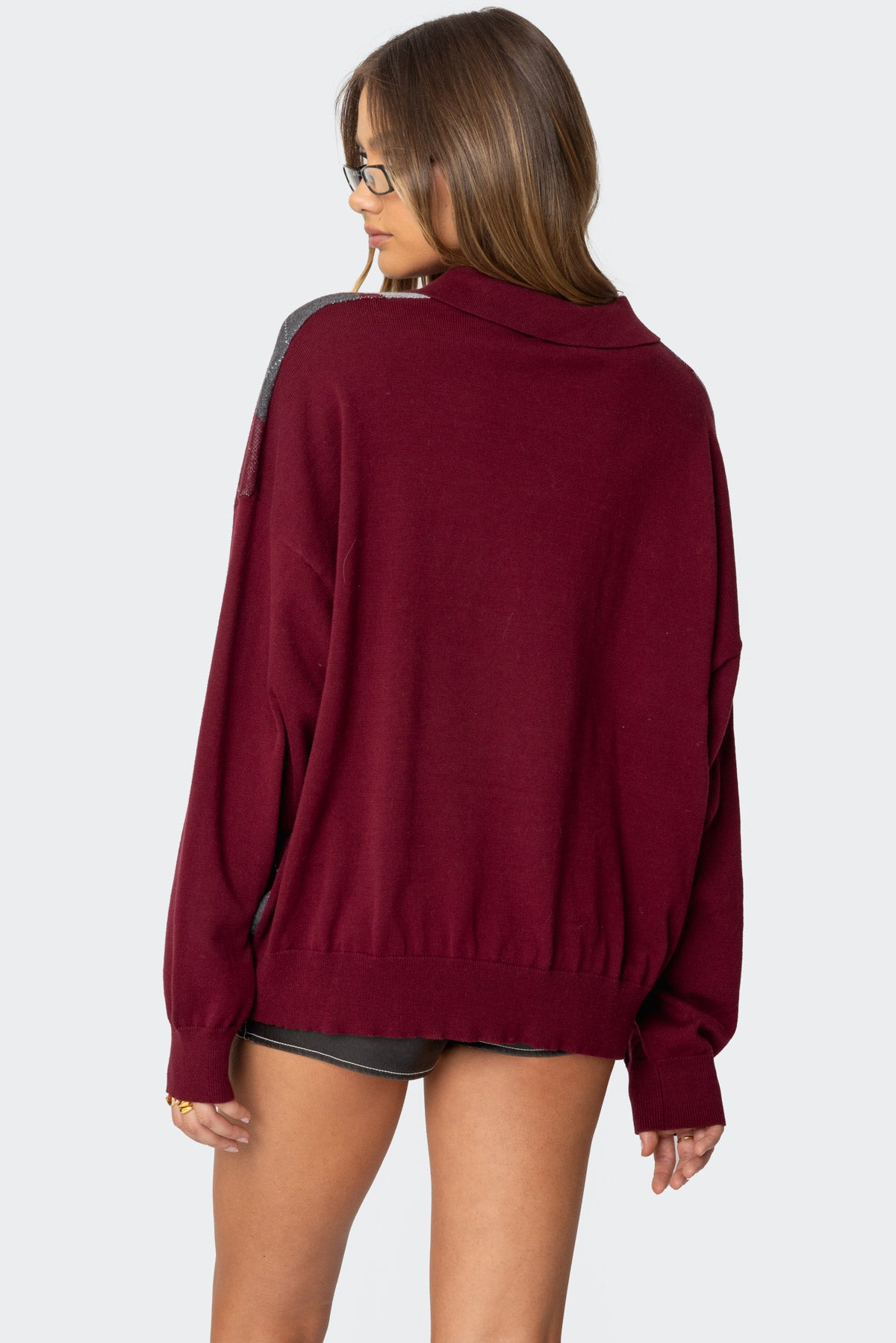 Argyle Oversized Polo Sweater - BURGUNDY
