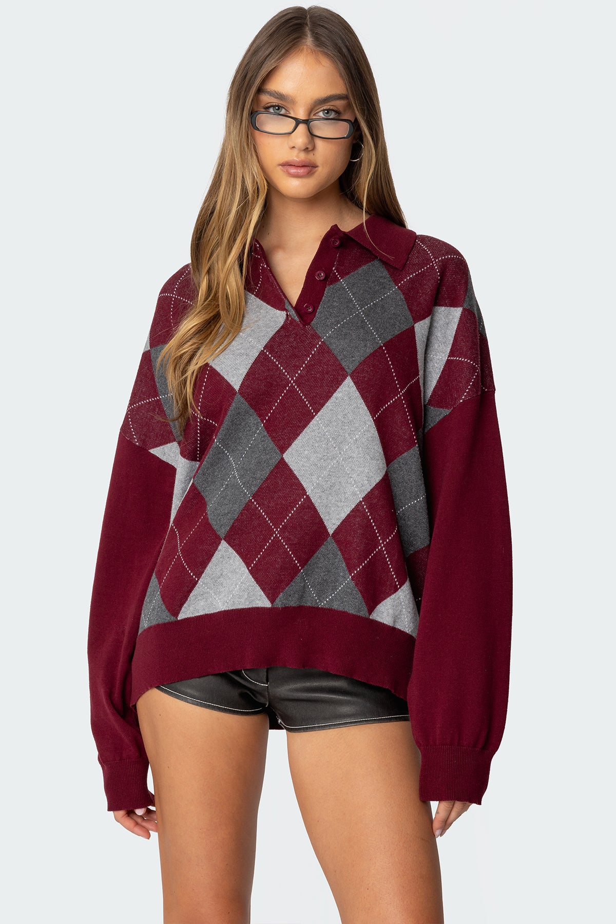 Argyle Oversized Polo Sweater - BURGUNDY