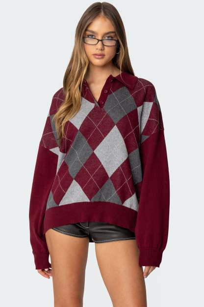 Argyle Oversized Polo Sweater - BURGUNDY