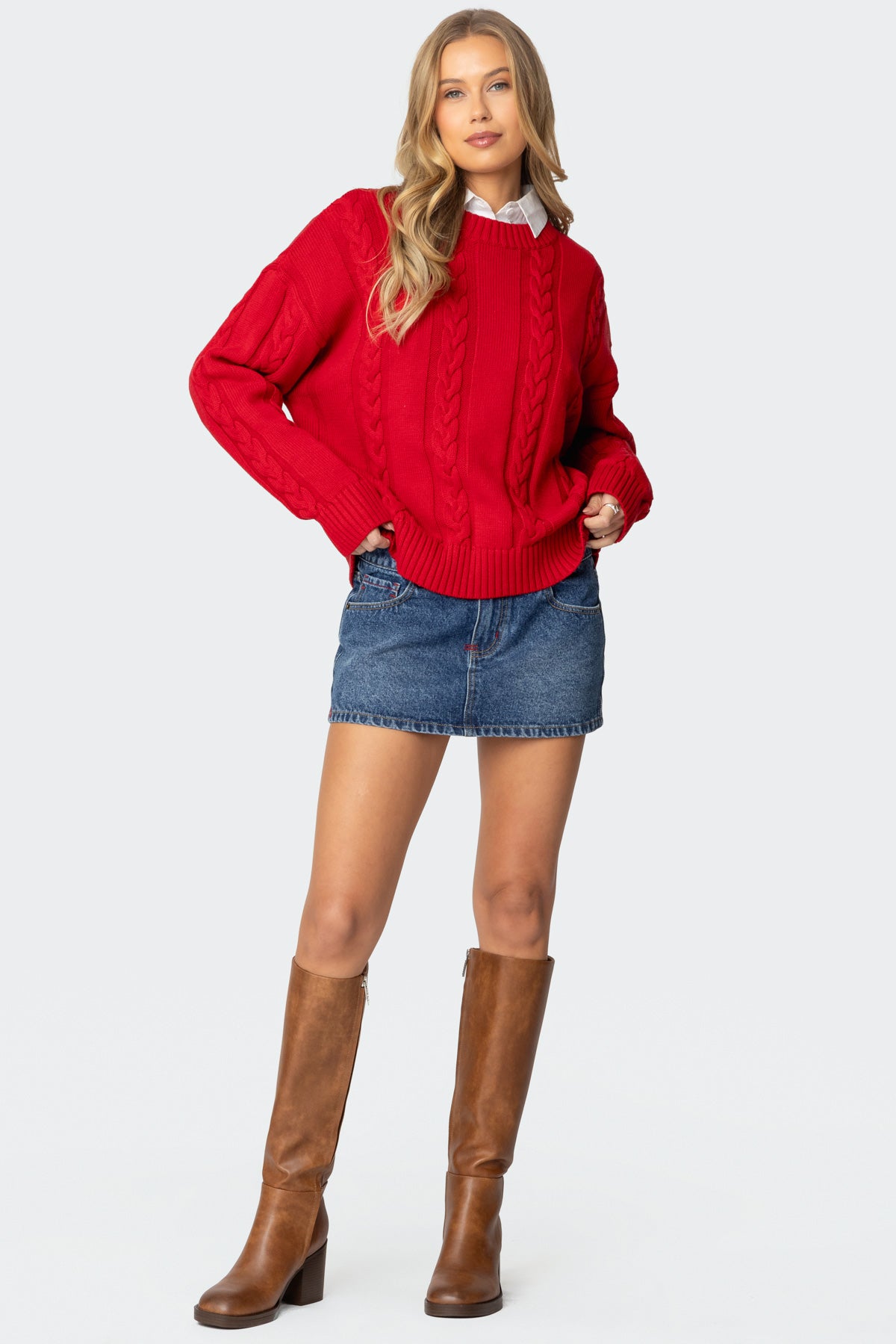 Acacia Oversized Cable Knit Sweater - RED