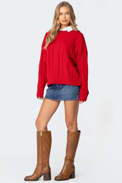 Acacia Oversized Cable Knit Sweater - RED