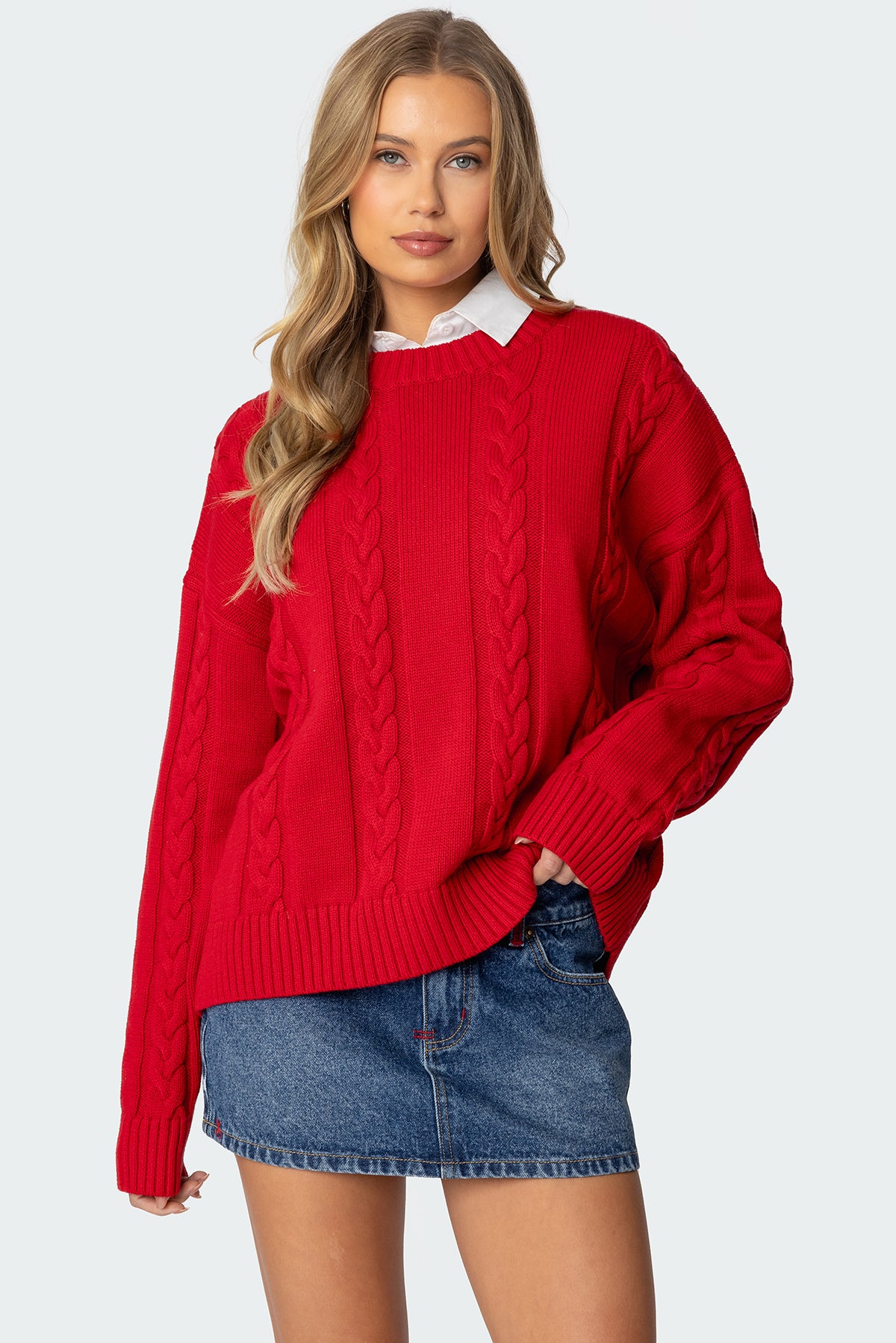 Acacia Oversized Cable Knit Sweater - RED