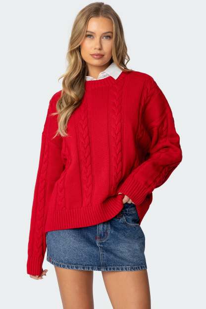 Acacia Oversized Cable Knit Sweater - RED