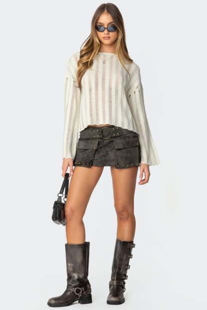 Stripey Shredded Sweater - CREAM
