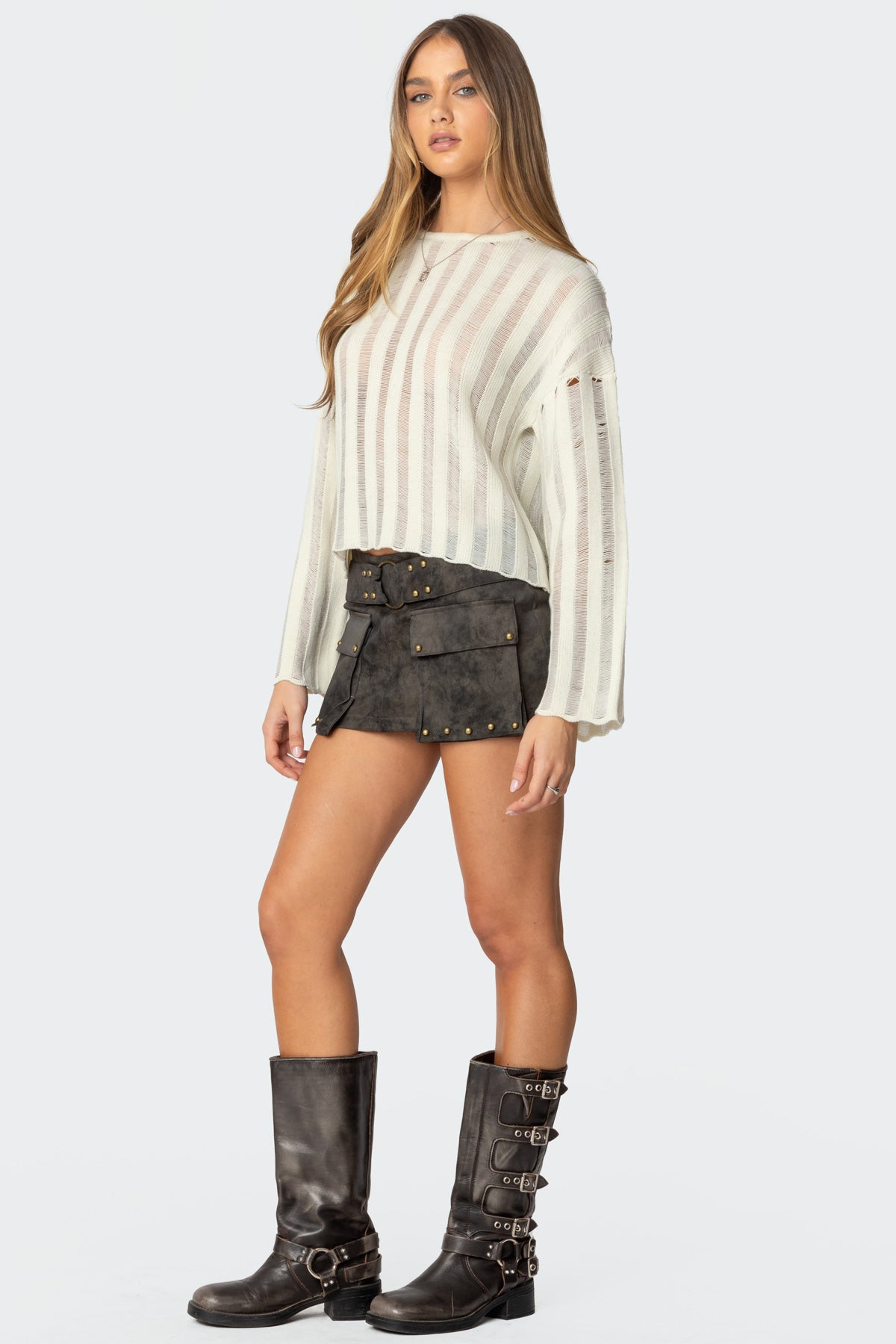 Stripey Shredded Sweater - CREAM