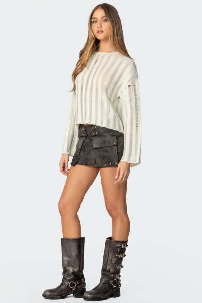 Stripey Shredded Sweater - CREAM